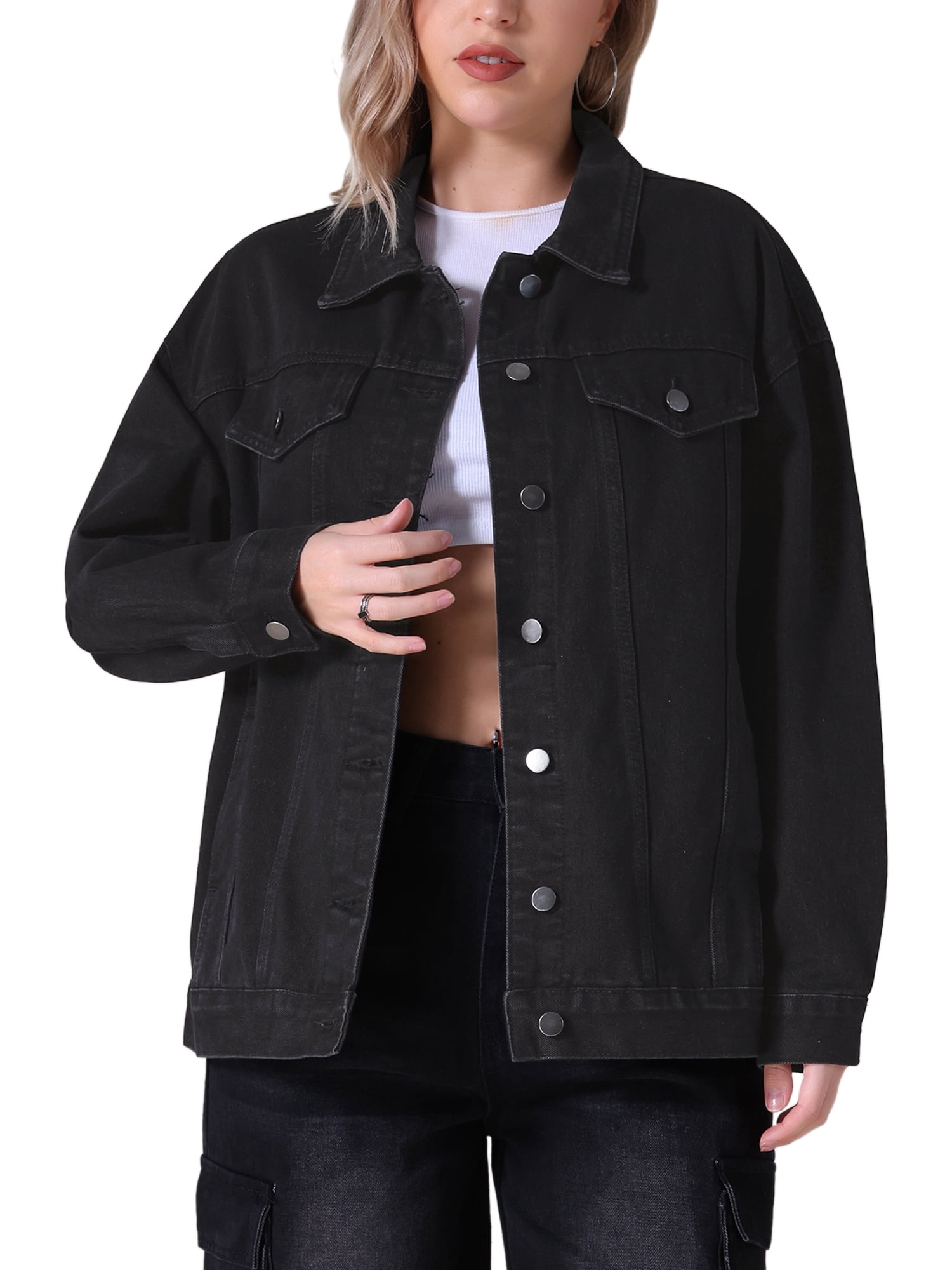 Unique Bargains Women's Casual Denim Jacket with Oversized Pockets 2XL Black