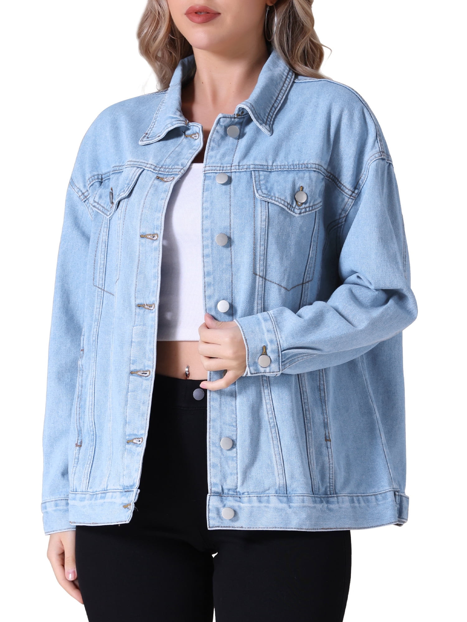 Unique Bargains Women's Casual Denim Jacket with Oversized Pockets 2XL Light Blue
