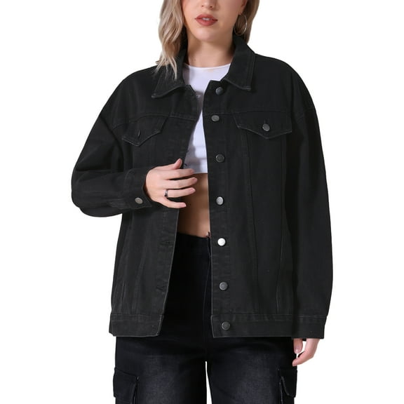 Unique Bargains Women's Casual Denim Jacket with Oversized Pockets L Black