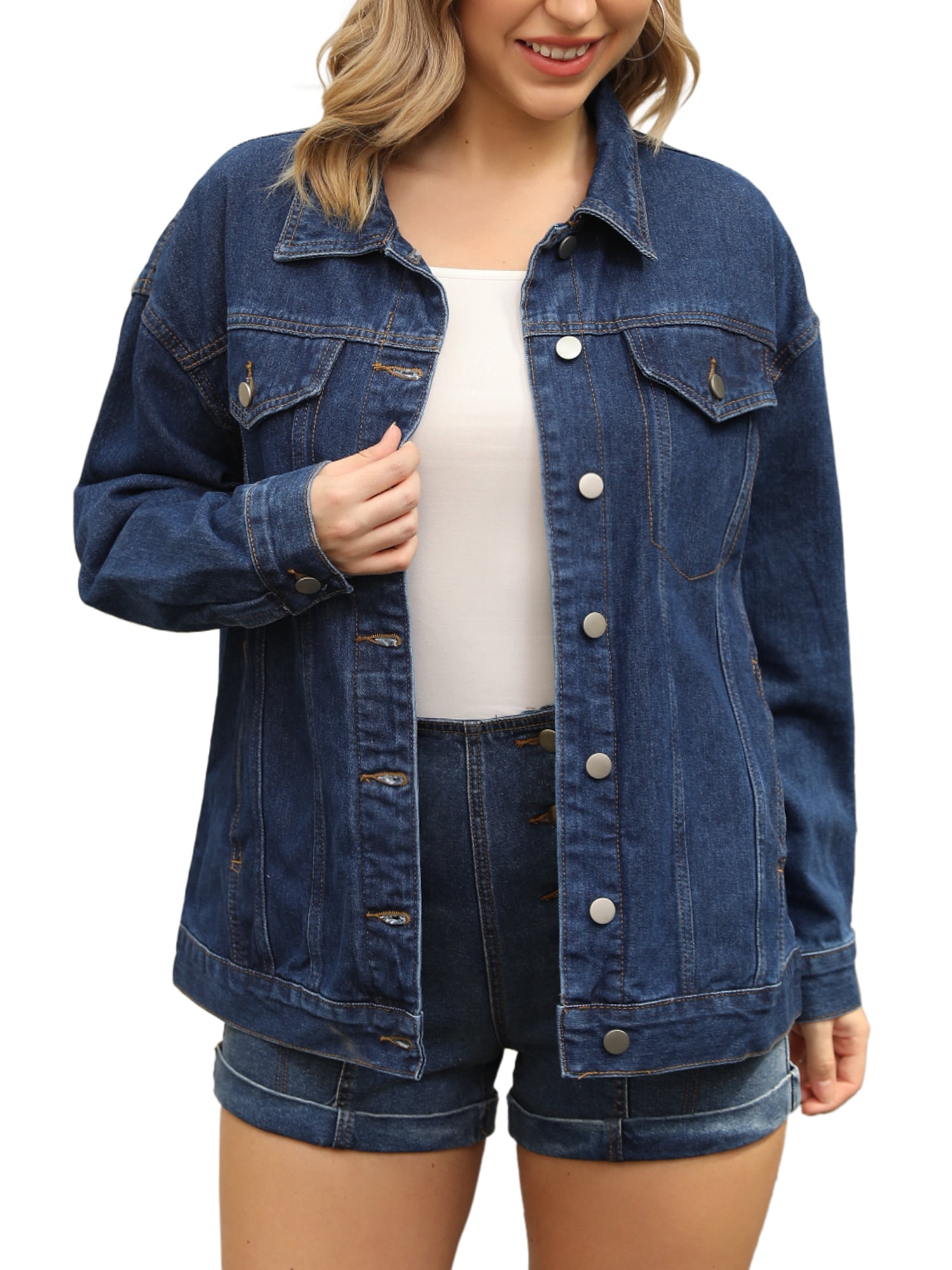 Unique Bargains Women's Casual Denim Jacket with Oversized Pockets L Dark Blue