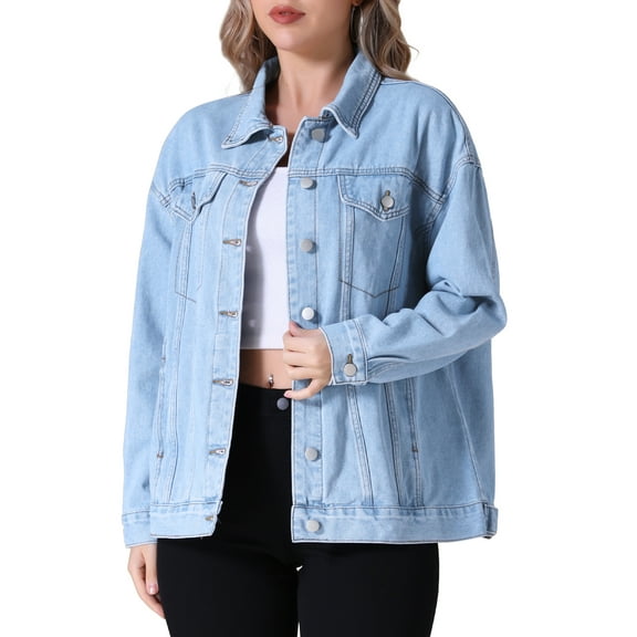 Unique Bargains Women's Casual Denim Jacket with Oversized Pockets L Light Blue
