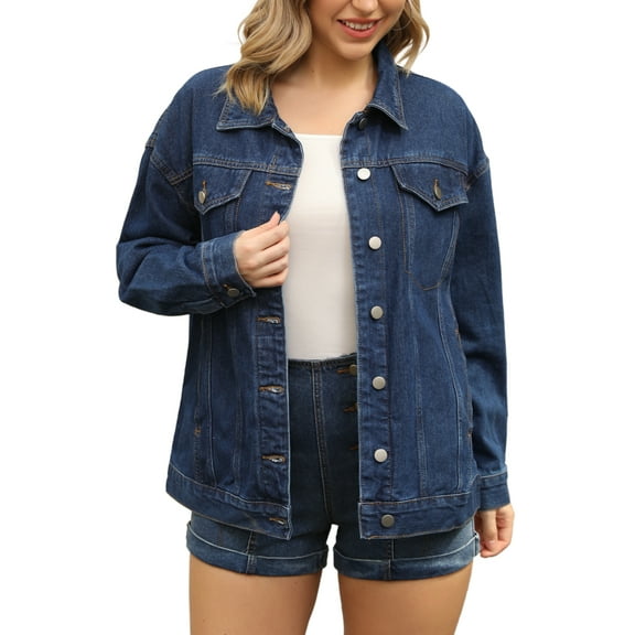 Unique Bargains Women's Casual Denim Jacket with Oversized Pockets S Dark Blue