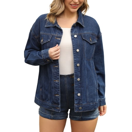 Unique Bargains Women's Casual Denim Jacket with Oversized Pockets S Dark Blue
