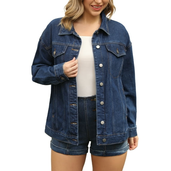 Unique Bargains Women's Casual Denim Jacket with Oversized Pockets S Dark Blue