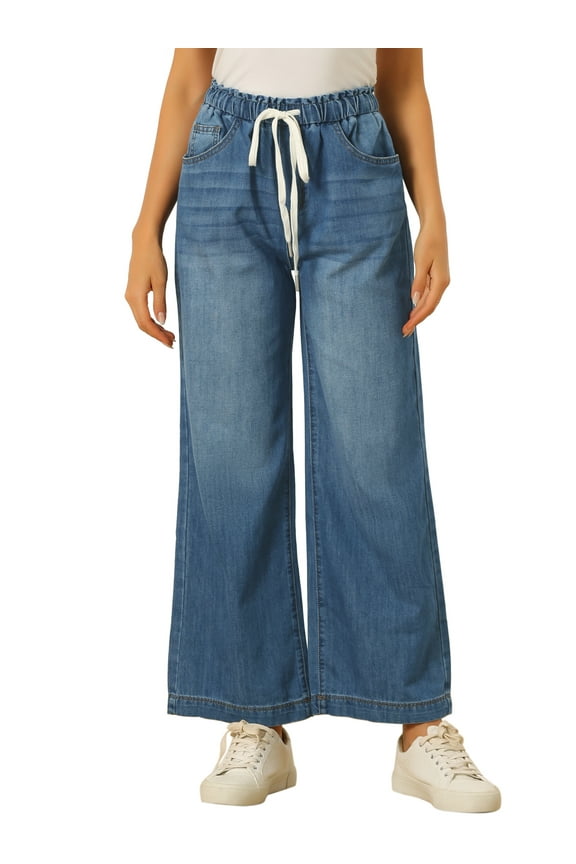 Women's Denim Pants Drawstring Wide Legs Jeans L Blue