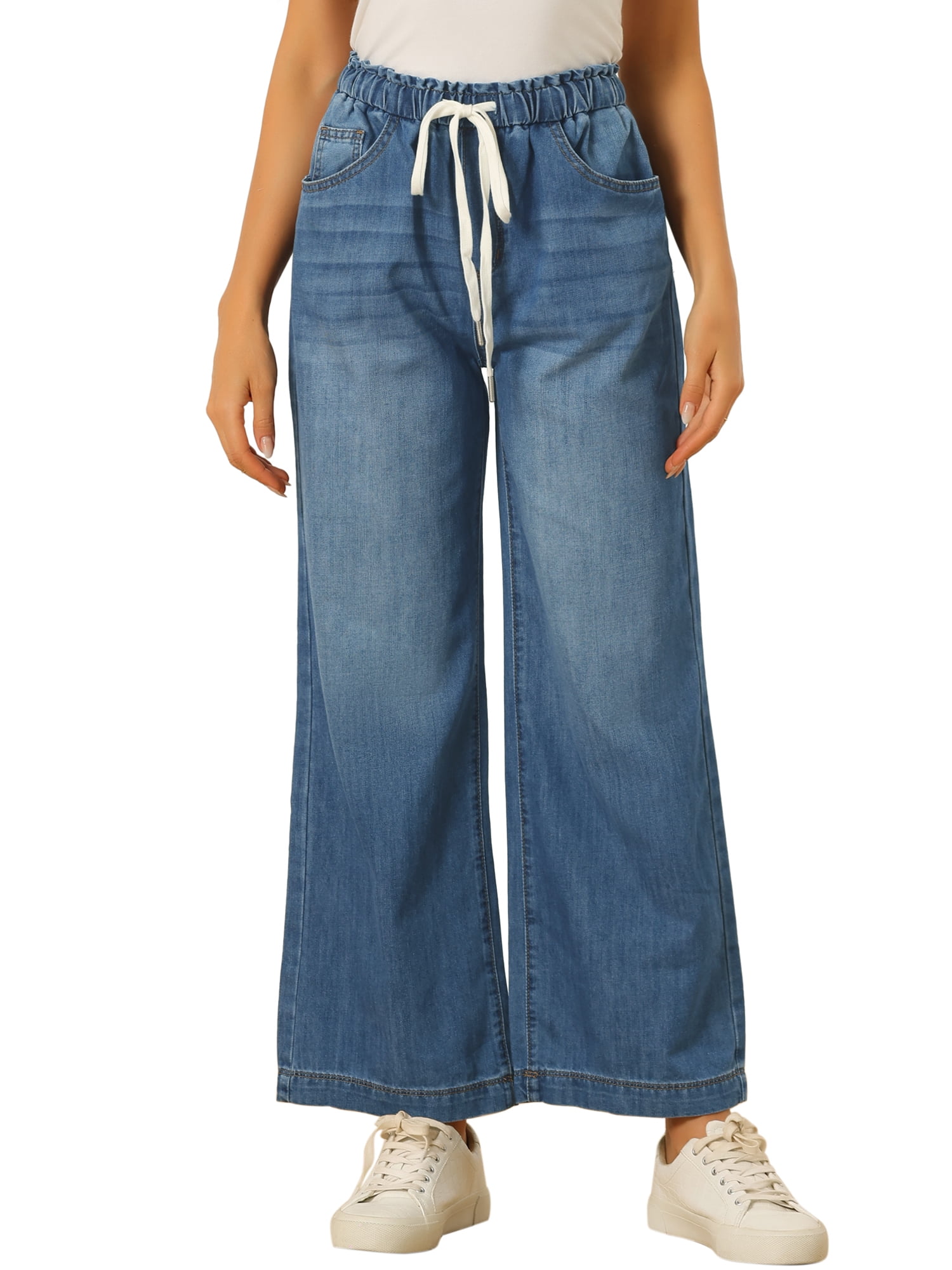 Women's Denim Pants Drawstring Wide Legs Jeans M Blue