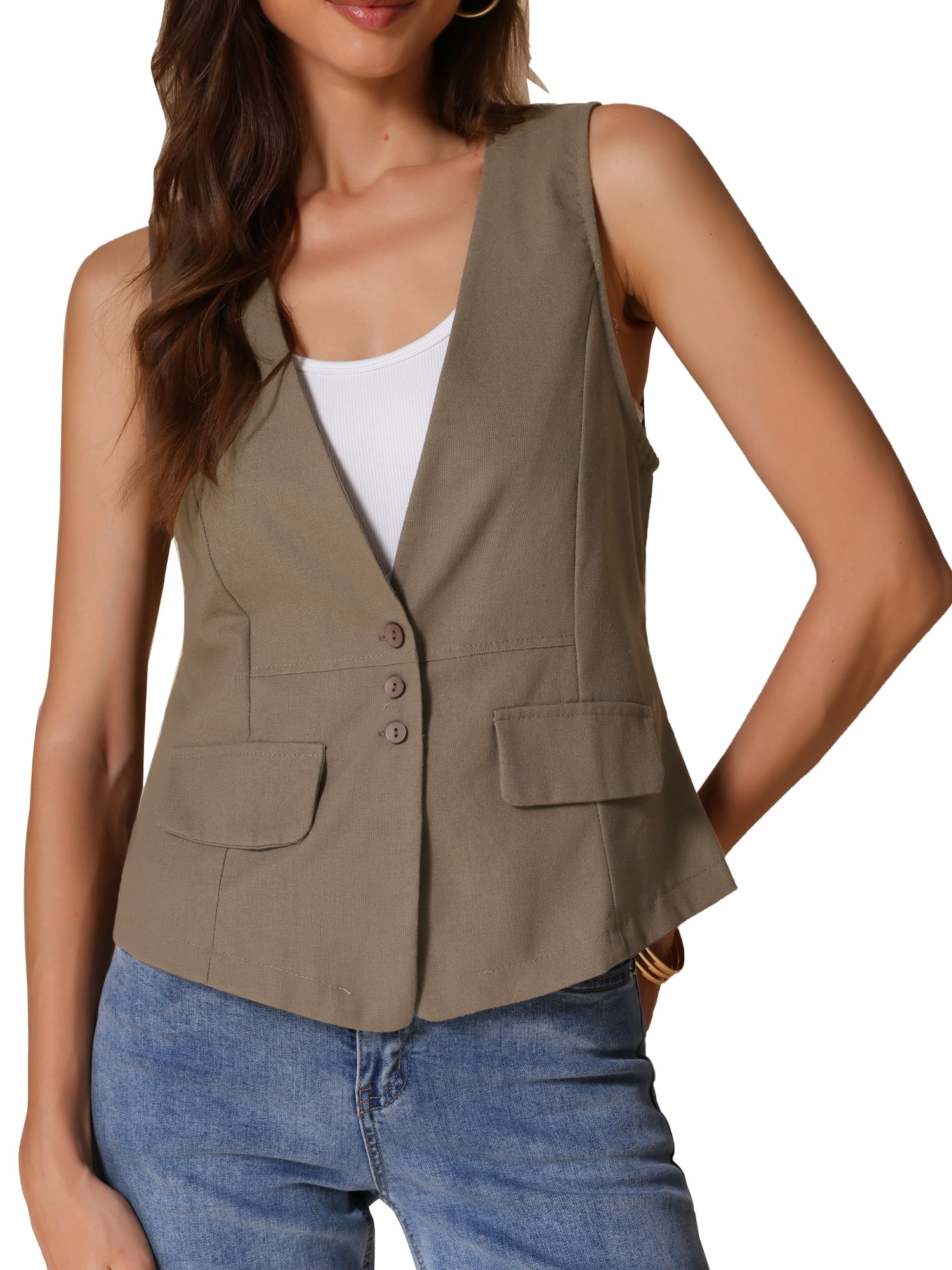 DARING DIVA Womens Linen Vest Loose Sleeveless Blazer Lightweight Jacket XS Khaki