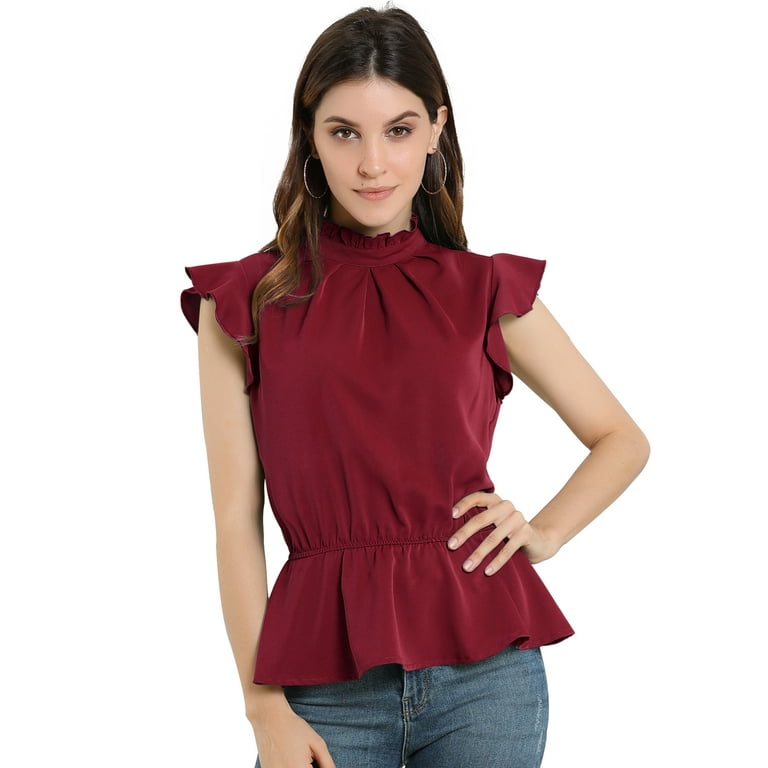 Unique Bargains Women's Casual Ruffle Sleeve Pleated Frill Collar Peplum  Blouse Tops S Burgundy