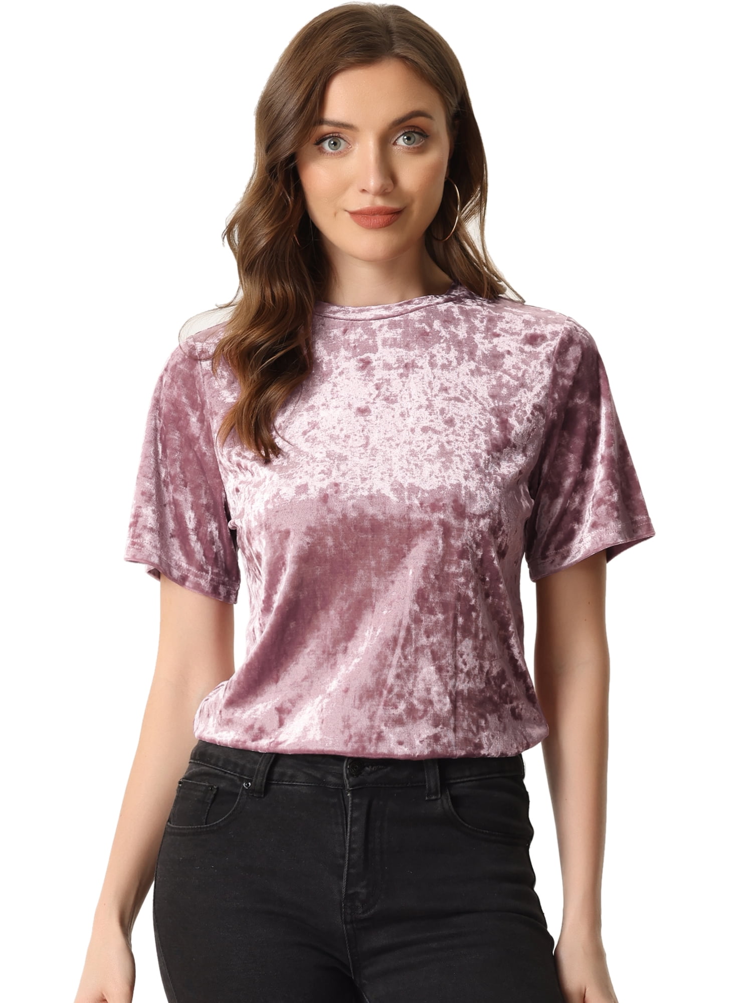 Unique Bargains Women's Casual Solid Round Neck Short Sleeve Velvet Top Pink L