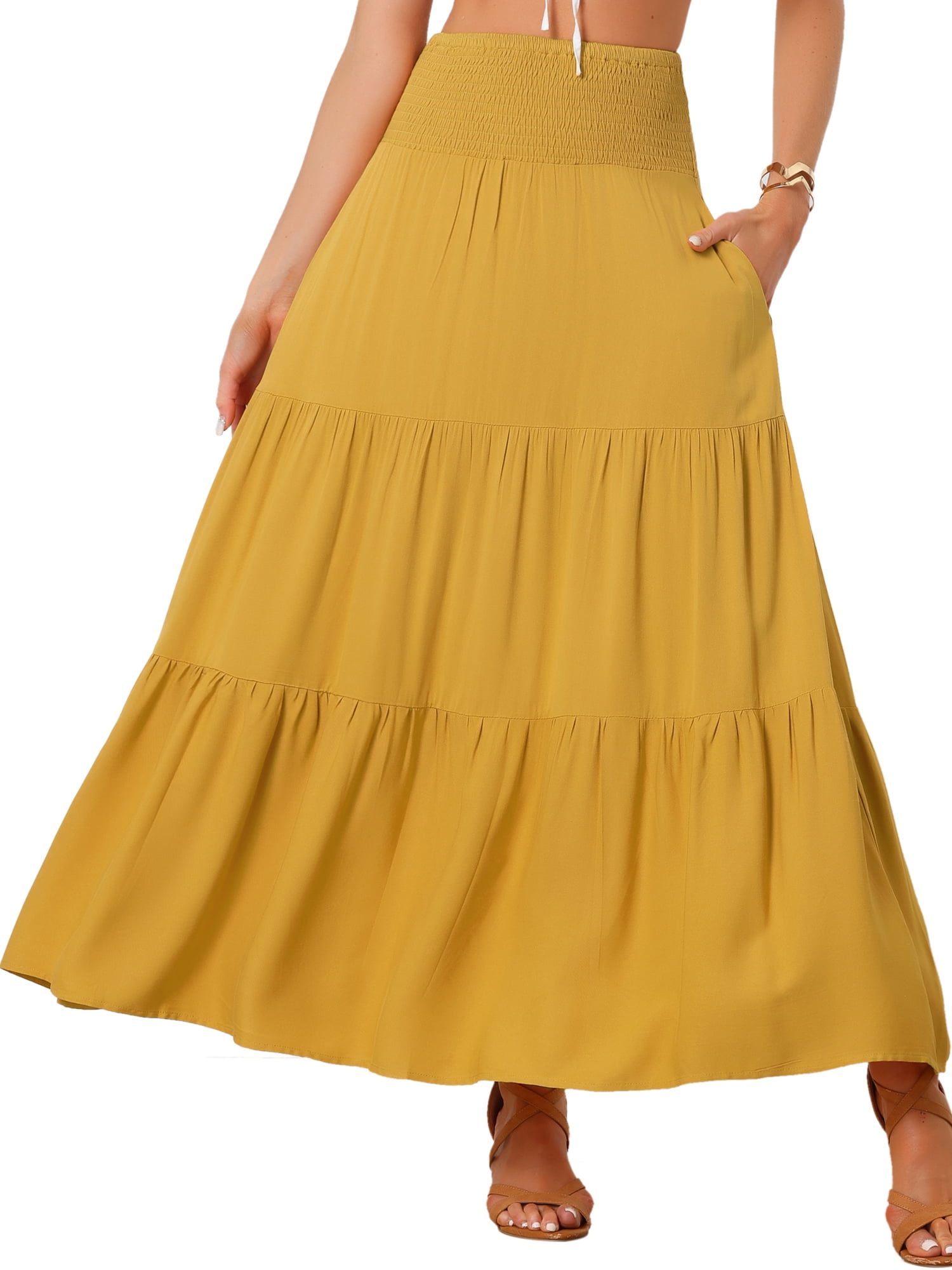 DARING DIVA Women Casual Elastic Waist Flowy Boho Summer Maxi Skirt L Yellow
