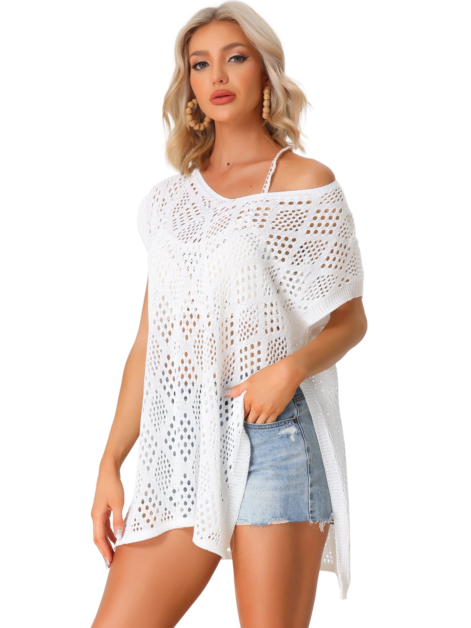 Unique Bargains Women's Casual Swim Bikini Beach Mesh Crochet Coverup Tunic Top L White