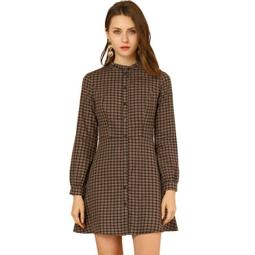 Unique Bargains Women's Check Ruffle Neck Button Down Long Sleeve A-Line Dresses XS Brown