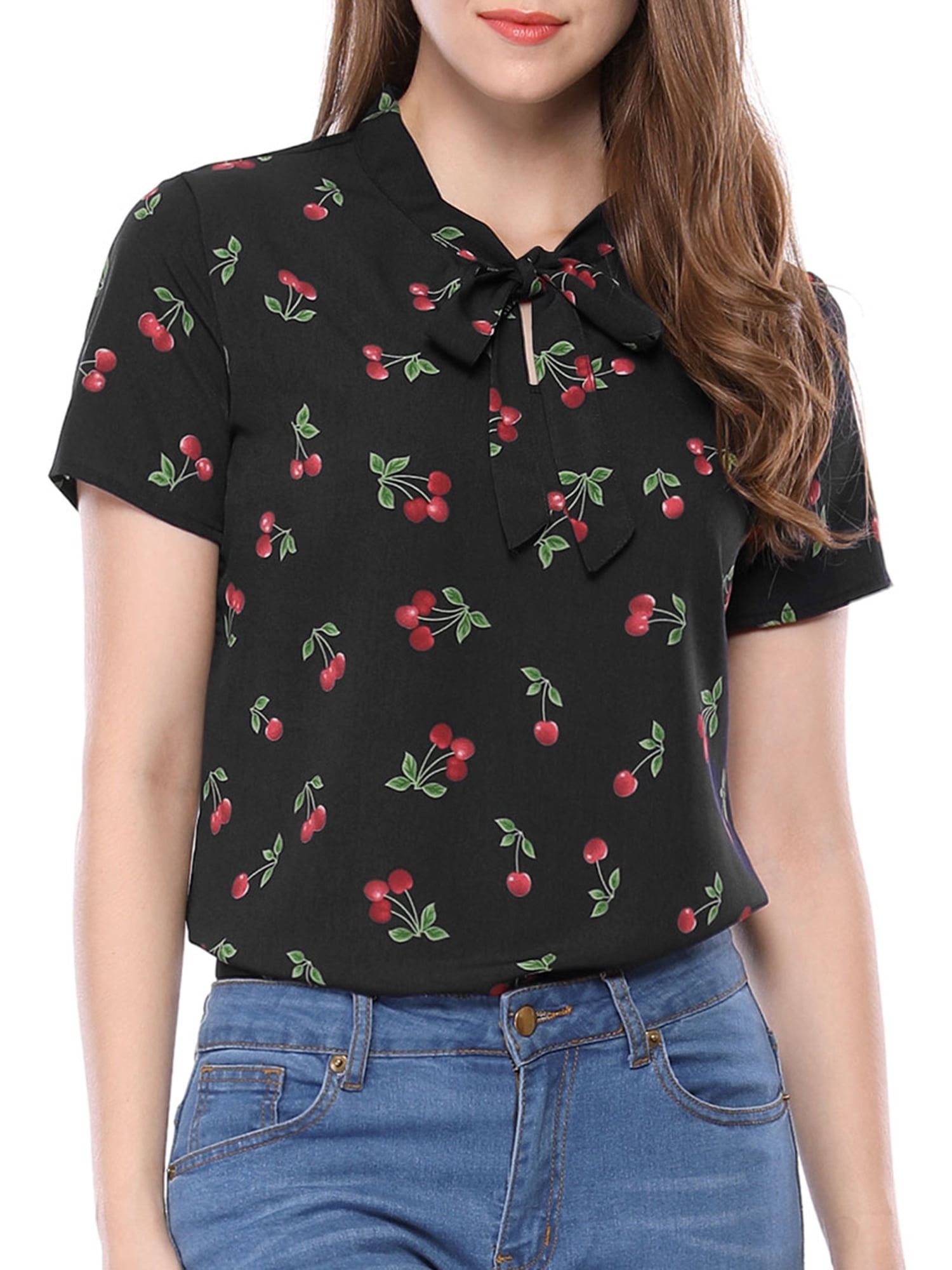 Unique Bargains Women's Cherry Printed Tie Bow Neck Short Sleeve Blouse Top Black-Cherry S