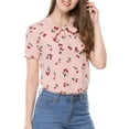 thumbnail image 1 of Unique Bargains Women's Cherry Printed Tie Bow Neck Short Sleeve Blouse Top Pink-Cherry L, 1 of 8