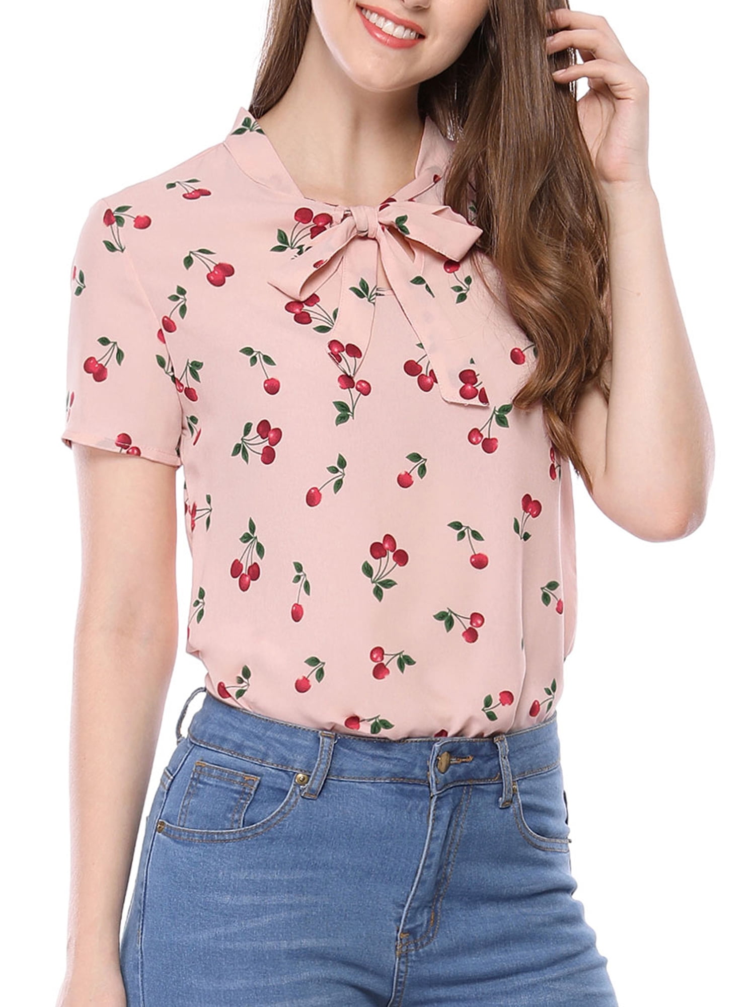 Unique Bargains Women's Cherry Bow Neck Short Sleeve Blouse Shirt - Walmart.com