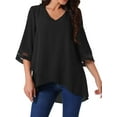 thumbnail image 1 of Unique Bargains Women's Chiffon V Neck 3/4 Bell Sleeve Asymmetrical Hem Blouse S Black, 1 of 6