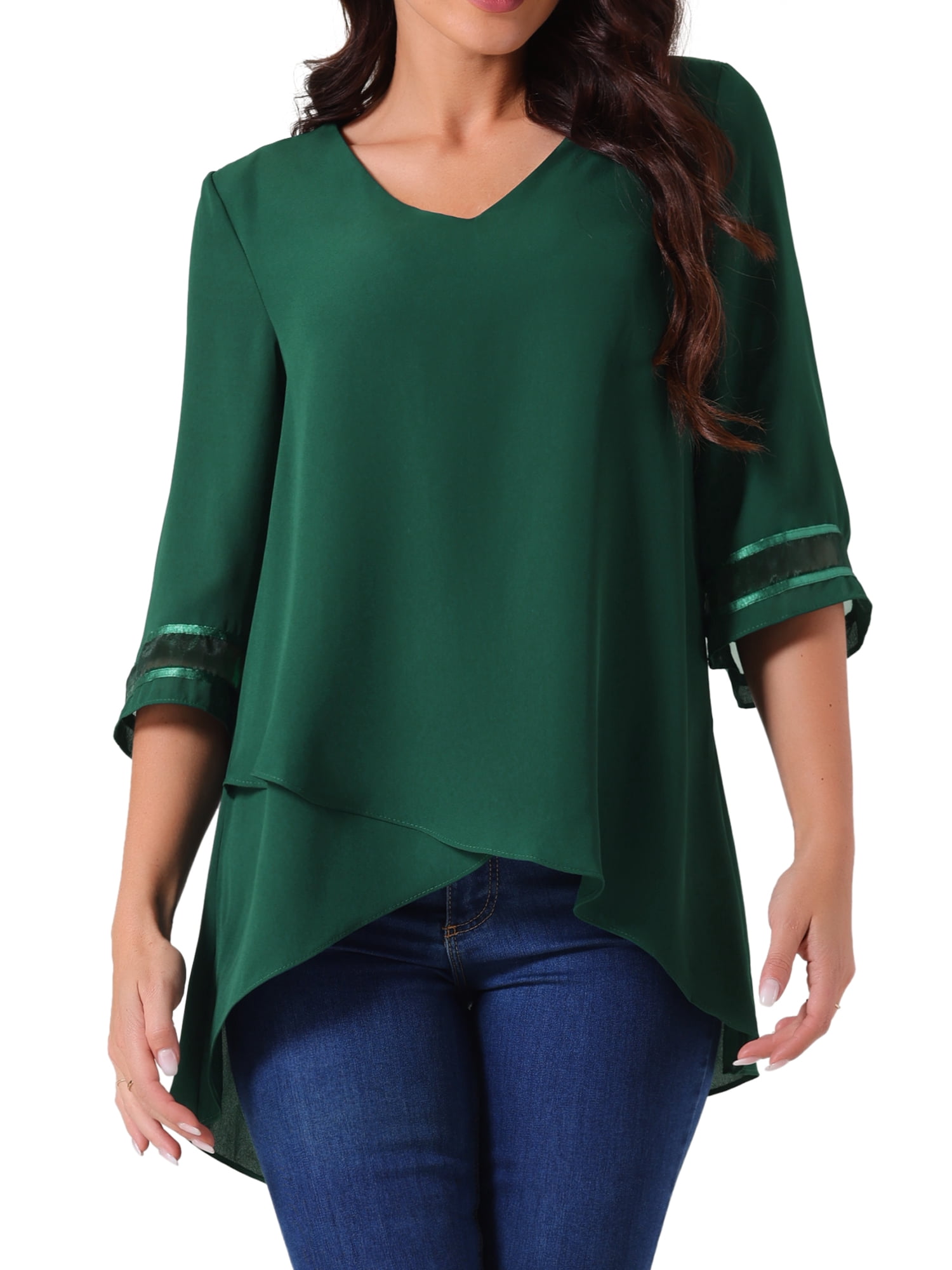 Unique Bargains Women's Chiffon V Neck 3/4 Bell Sleeve Asymmetrical Hem Blouse S Green