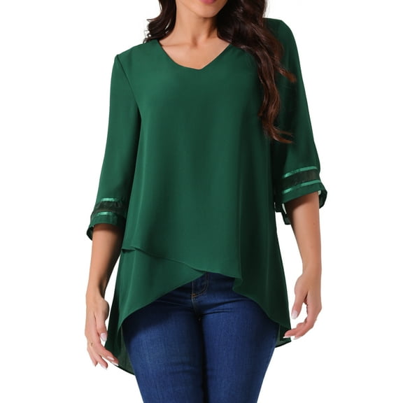 Unique Bargains Women's Chiffon V Neck 3/4 Bell Sleeve Asymmetrical Hem Blouse S Green