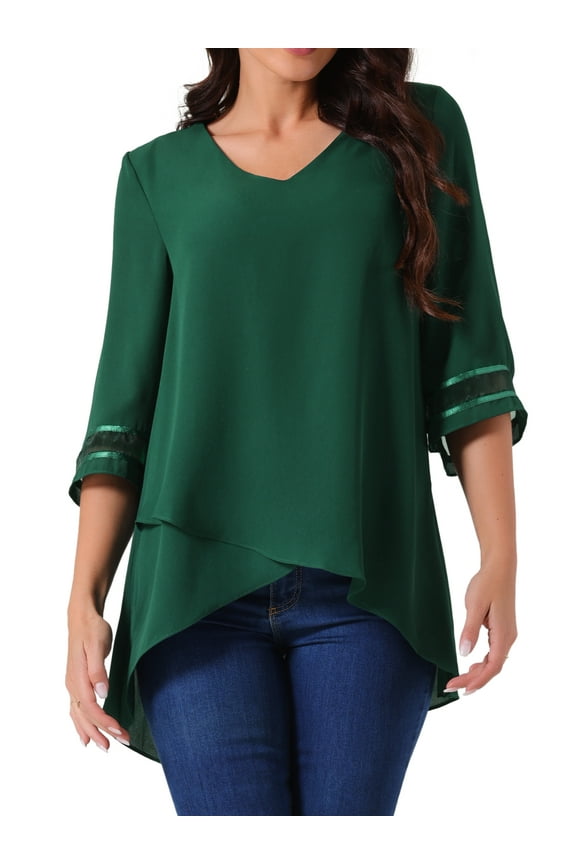 Women's Chiffon V Neck 3/4 Bell Sleeve Asymmetrical Hem Blouse S Green