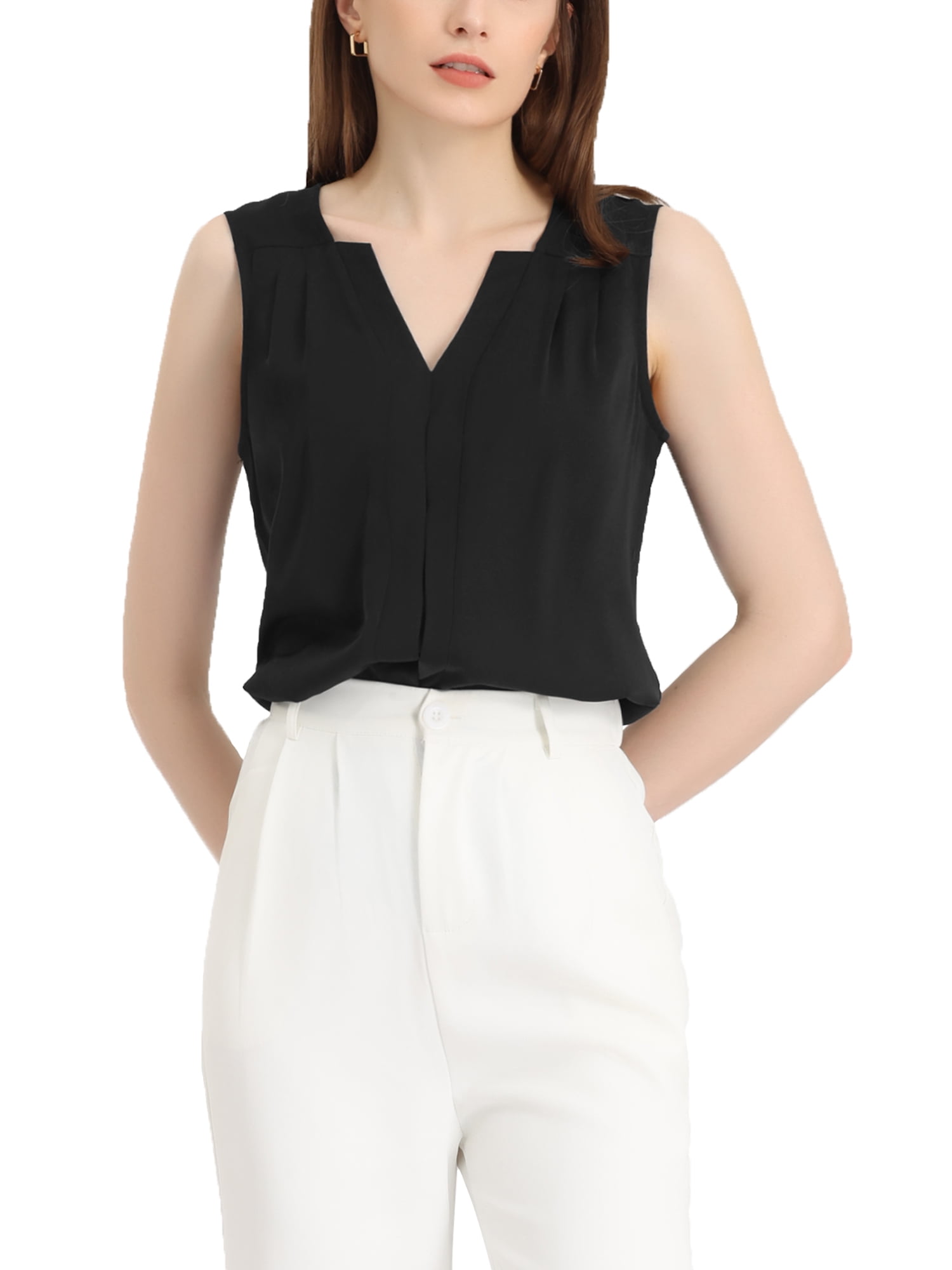 Unique Bargains Women's Chiffon V Neck Sleeveless Blouse Tops Office
