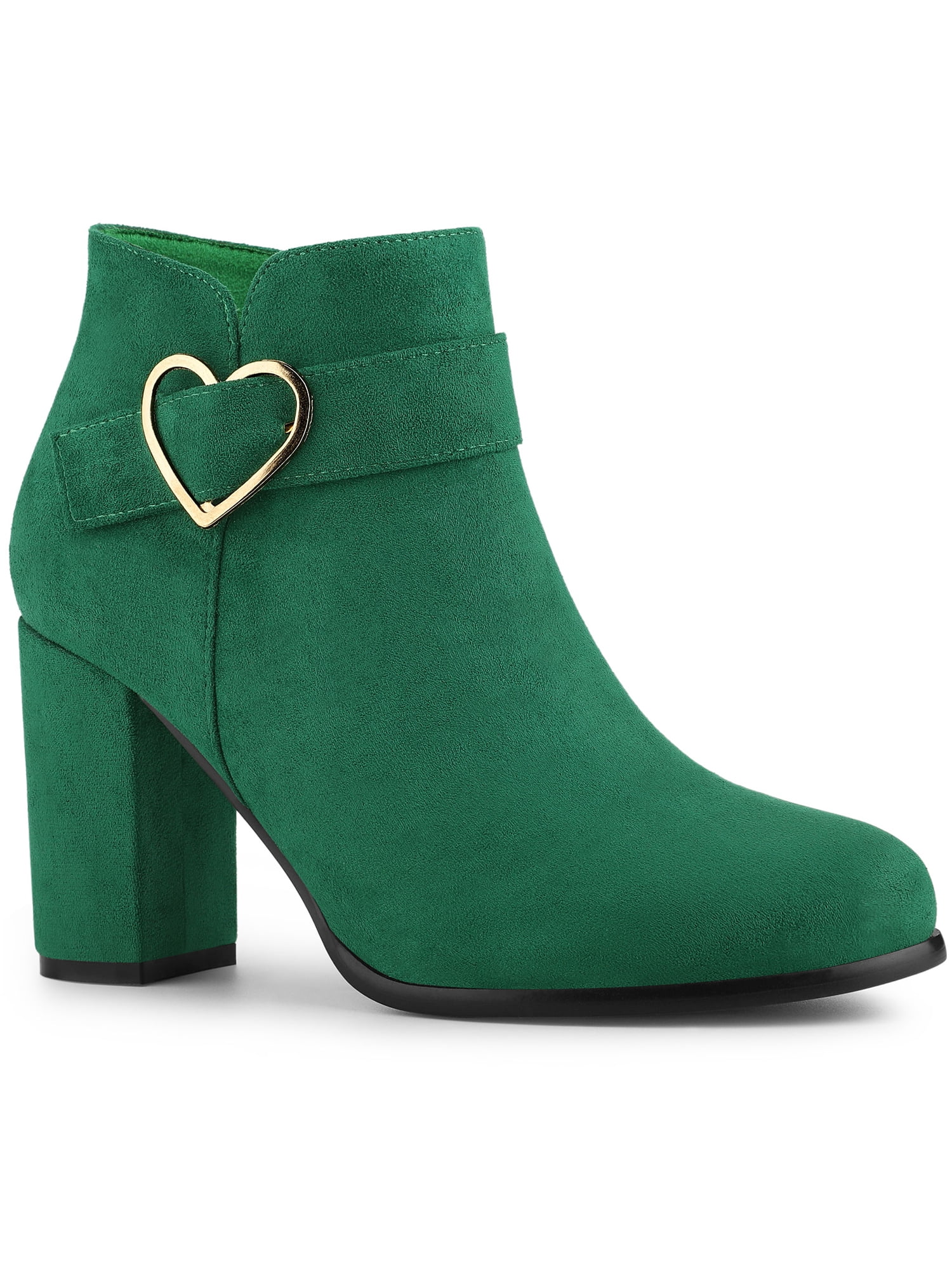Unique Bargains Women s Chunky Heels Buckle Round Toe Side Zip Ankle Boots Emerald Green 9.5 Walmart