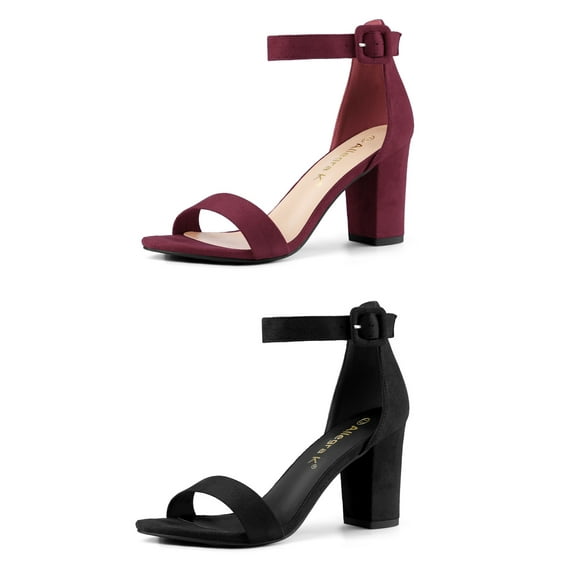 Unique Bargains Women's Chunky High Heel Ankle Strap Sandals 2 Packs Burgundy Black 9