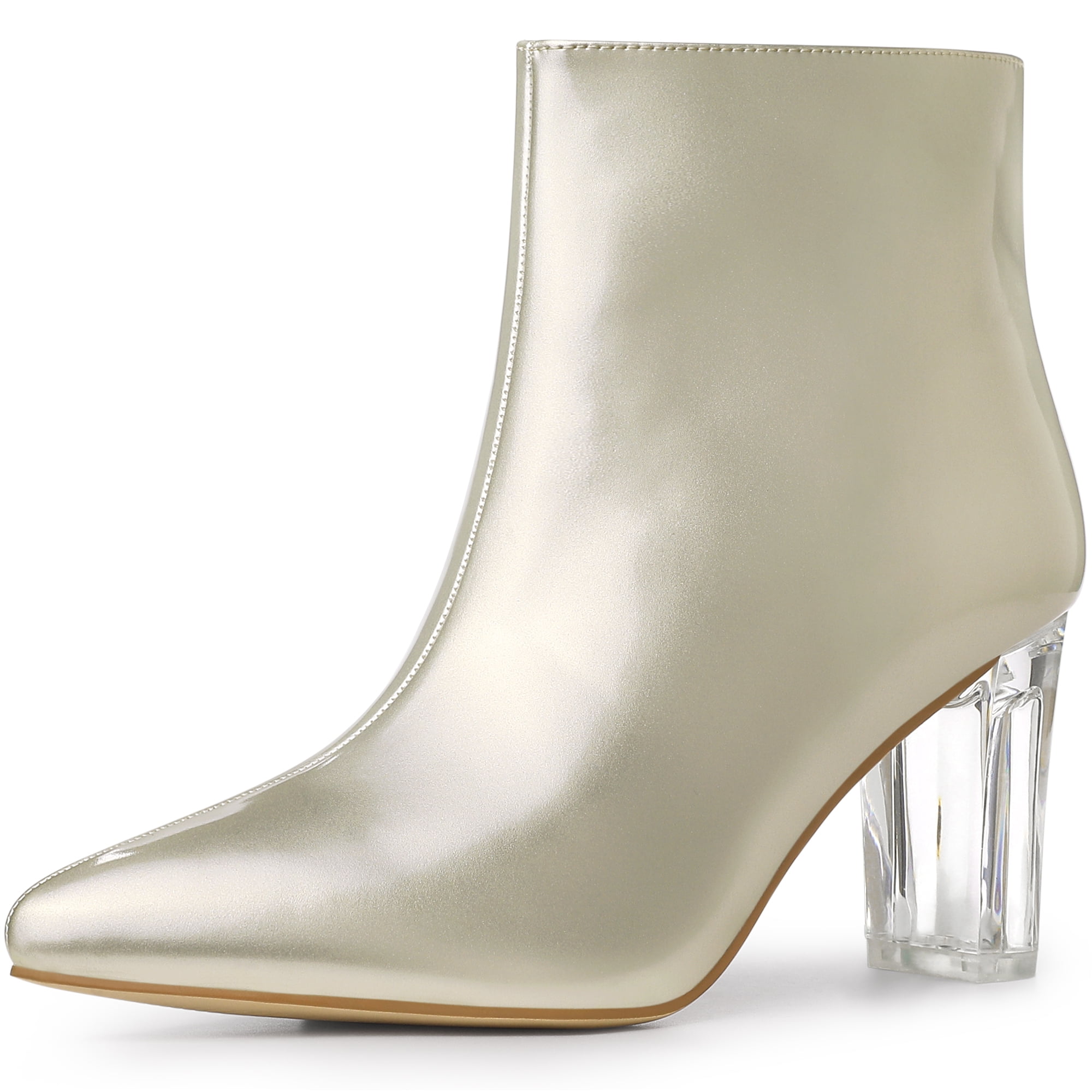 Unique Bargains Women's Clear Heel Pointy Toe Chunky Heel Ankle Boots Gold 7