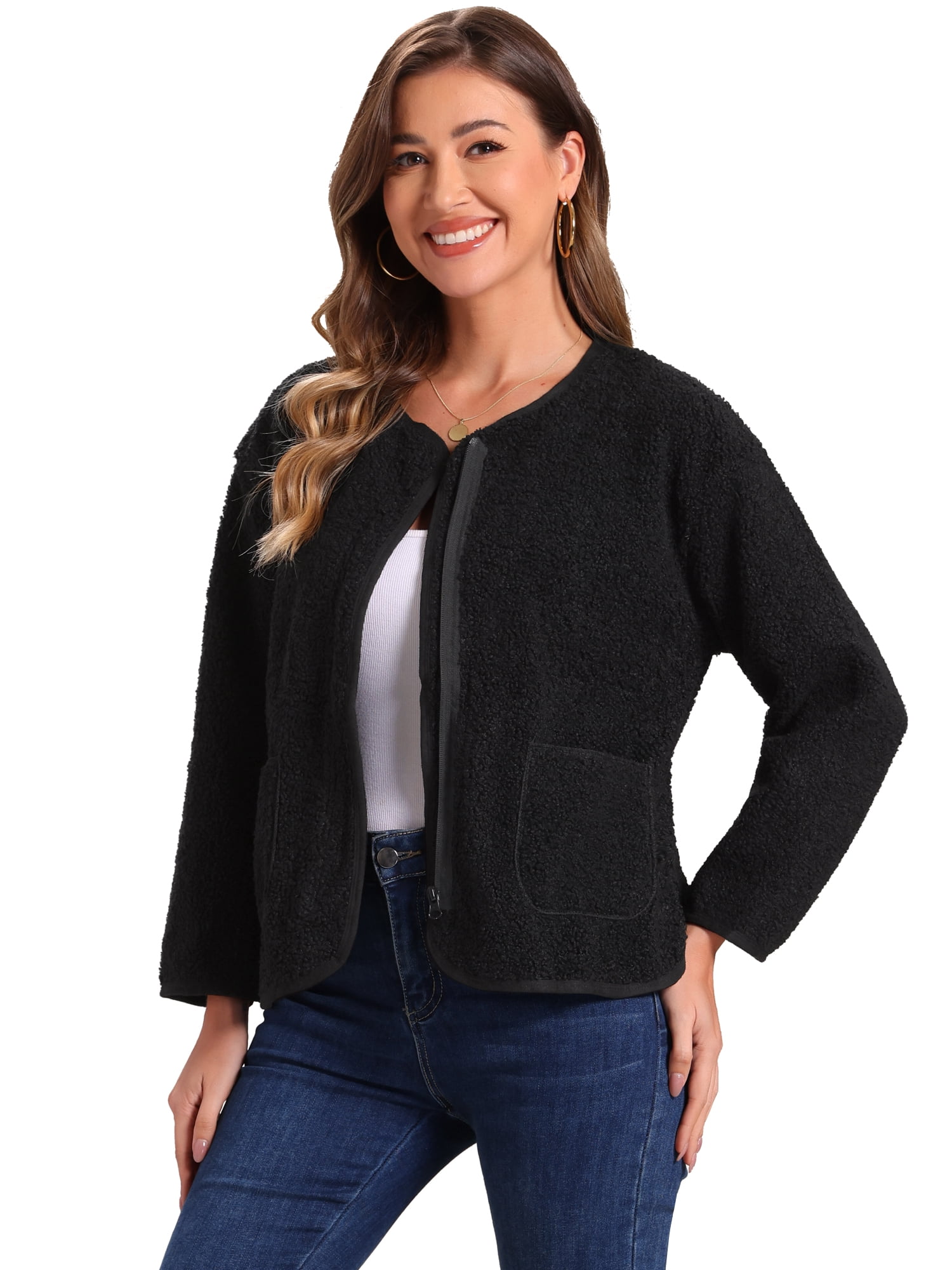 Unique Bargains Women's Collarless Jacket with Zipper Long Sleeve Faux Fur Coat XL Black