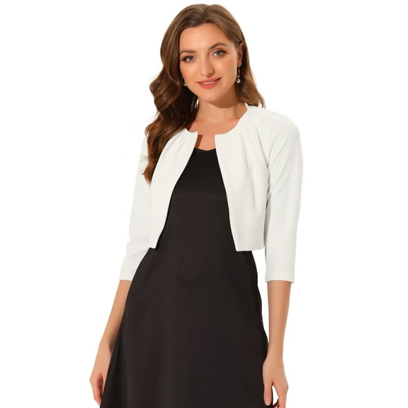 Unique Bargains Women's Collarless Pleated Open Front Cropped 3/4 Sleeve Shrug Top L White