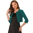 thumbnail image 1 of DARING DIVA Collarless Pleated Open Front Cropped 3/4 Sleeve Shrug Top XL Dark Green, 1 of 6