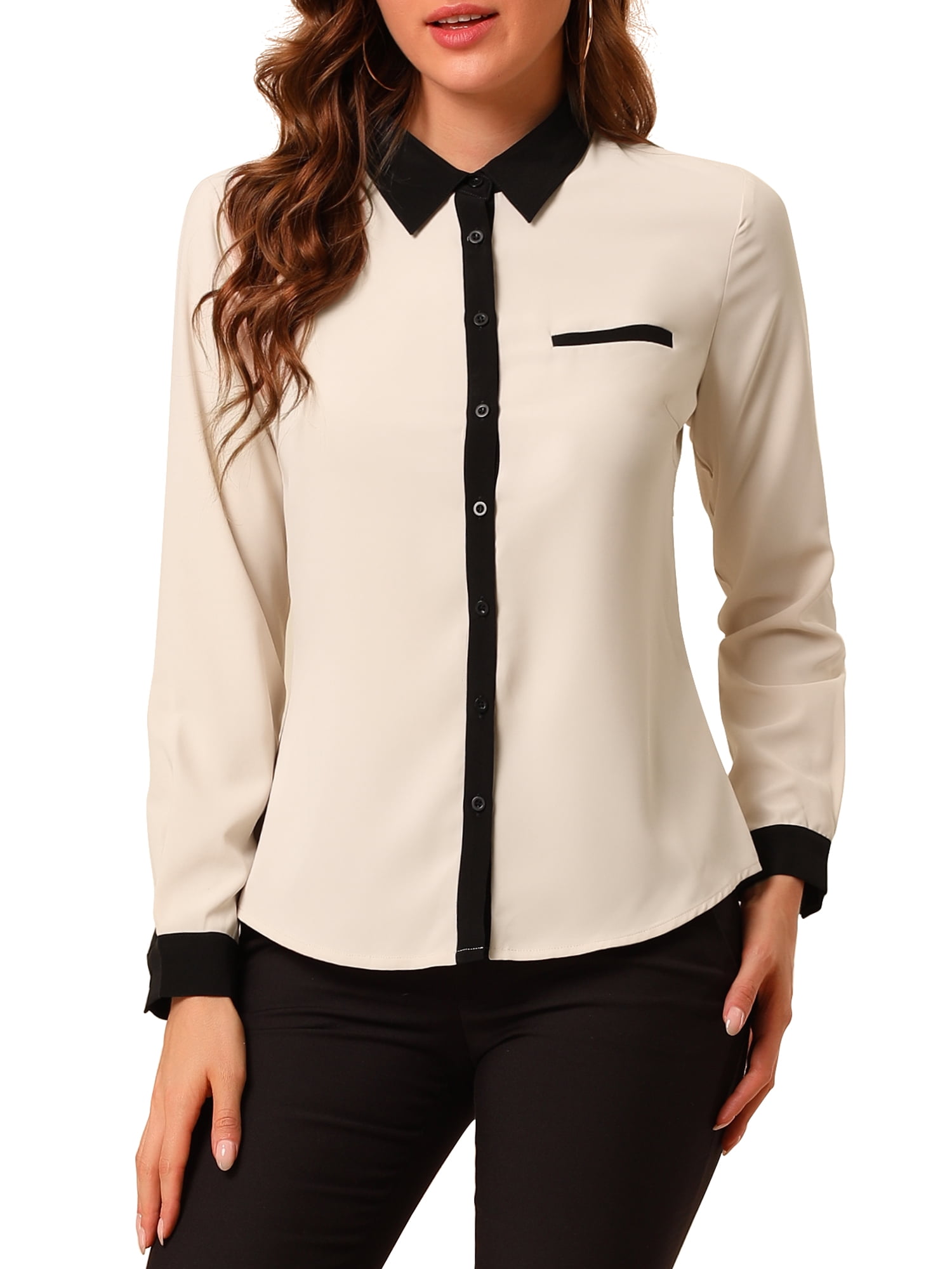 Unique Bargains Women's Color Block Button Down Long Sleeve Work Shirt
