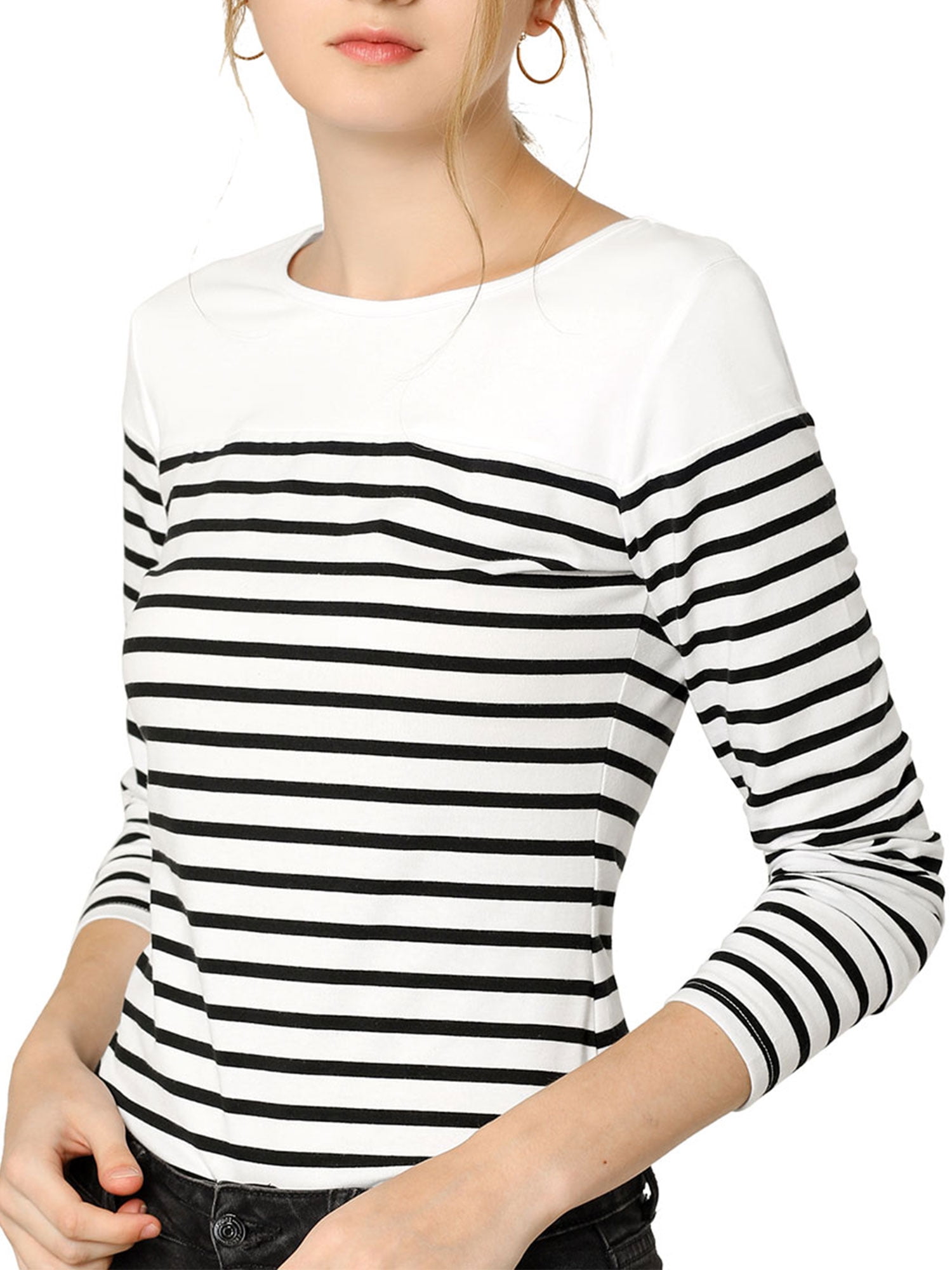 Unique Bargains Women's Color Block Striped Knit Top Long Sleeves T-Shirt  2XL Black-White 