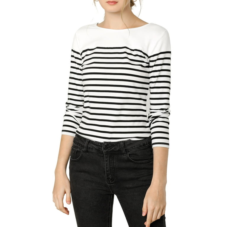 Unique Bargains Women's Color Block Striped Knit Top Long Sleeves T-Shirt L  Black-White 