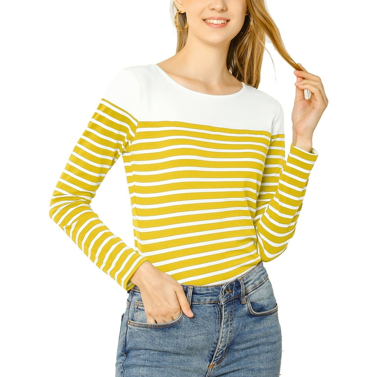 Unique Bargains Women s Color Block Striped Knit Top Long Sleeves T Shirt L Yellow