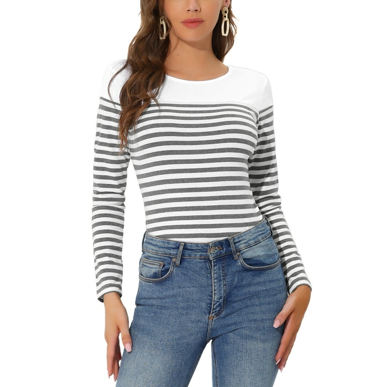 Unique Bargains Women's Color Block Striped Knit Top Long Sleeves T-Shirt S  White Gray