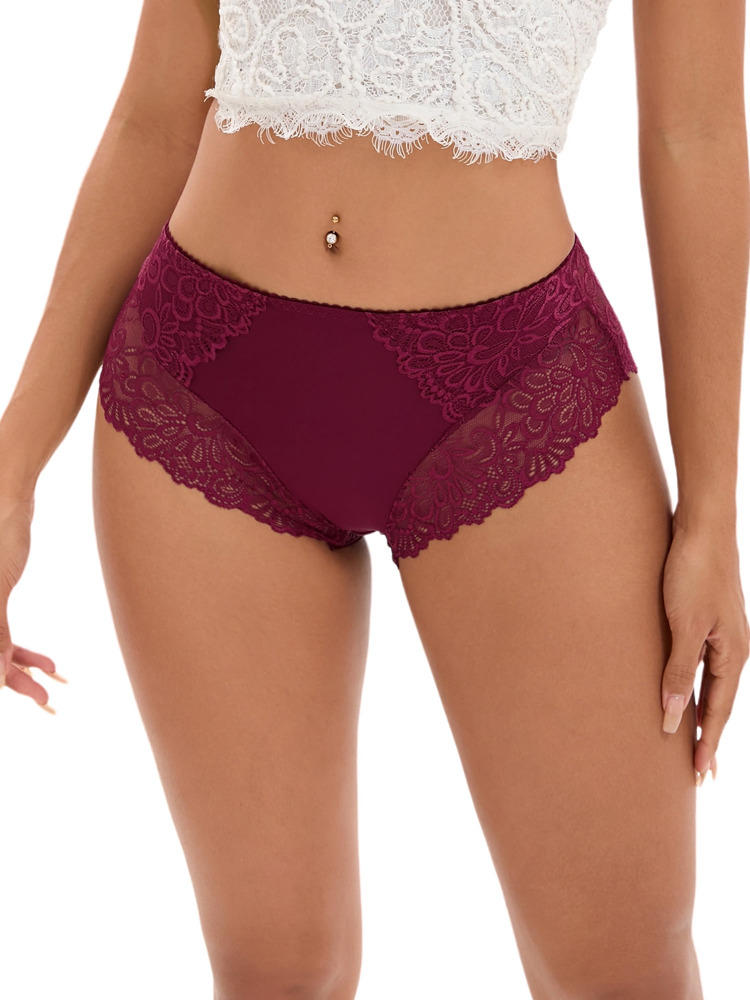 DARING DIVA Women's Lace Underwear Mid Rise Panties Full Coverage Briefs 3XL Wine Red