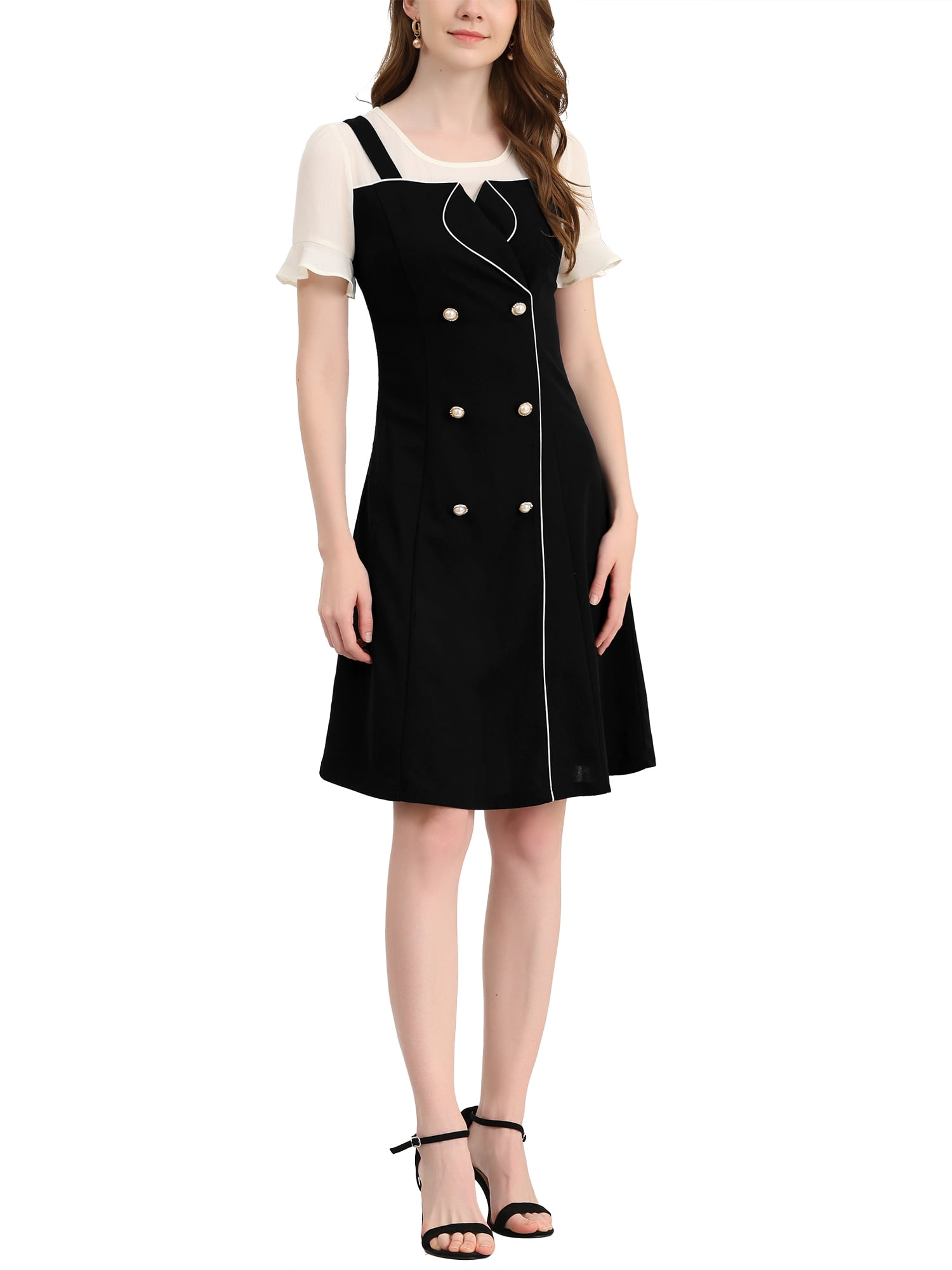 Unique Bargains Women's Contrast Chiffon Button Decor Short Sleeve Dress Black M