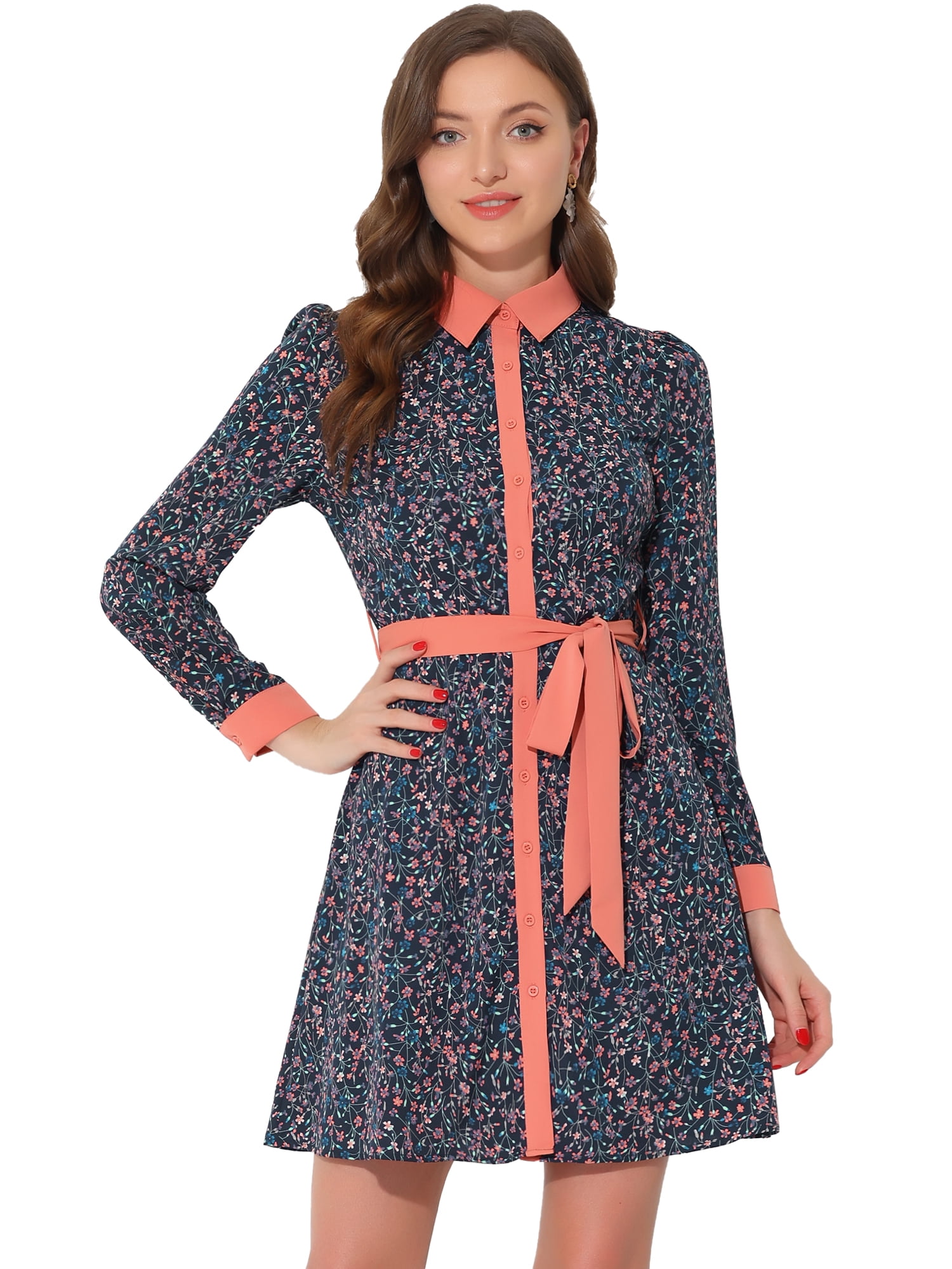 Unique Bargains Women's Contrast Collar Button Front Vintage Floral Shirt Dresses S Dark Blue