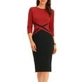thumbnail image 1 of Unique Bargains Women's Contrast Color 3/4 Sleeve Office Pencil Dresses XS Red, 1 of 6