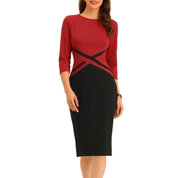 Unique Bargains Women's Contrast Color 3/4 Sleeve Office Pencil Dresses XS Red