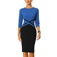 thumbnail image 1 of Unique Bargains Women's Contrast Color 3/4 Sleeve Office Pencil Dresses XS Royal Blue, 1 of 6