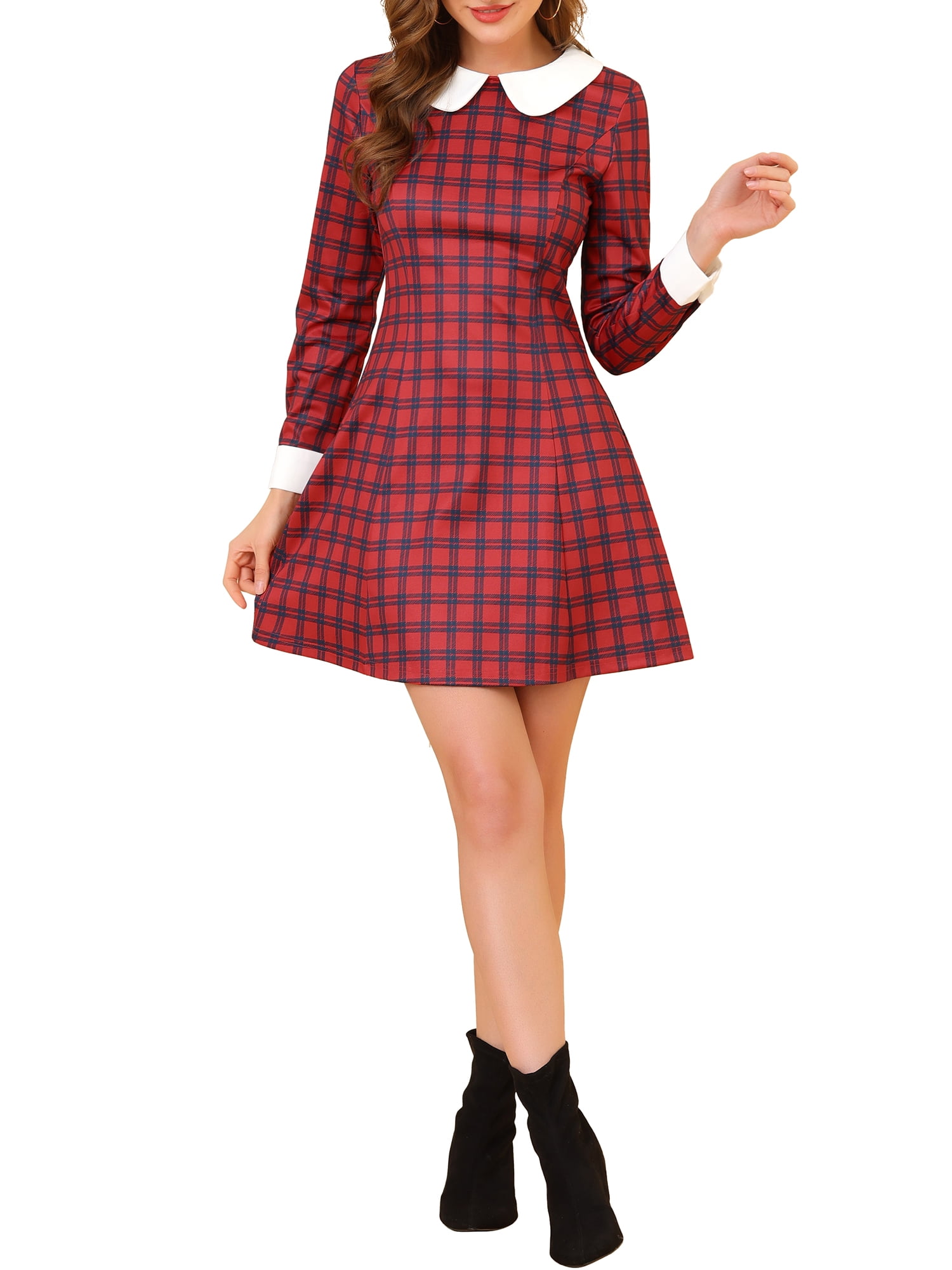 Unique Bargains Women s Contrast Peter Pan Collar A Line Plaid
