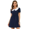 thumbnail image 1 of Unique Bargains Women's Contrast Peter Pan Collar Puff Sleeve Above Knee Dress M Navy Blue, 1 of 6