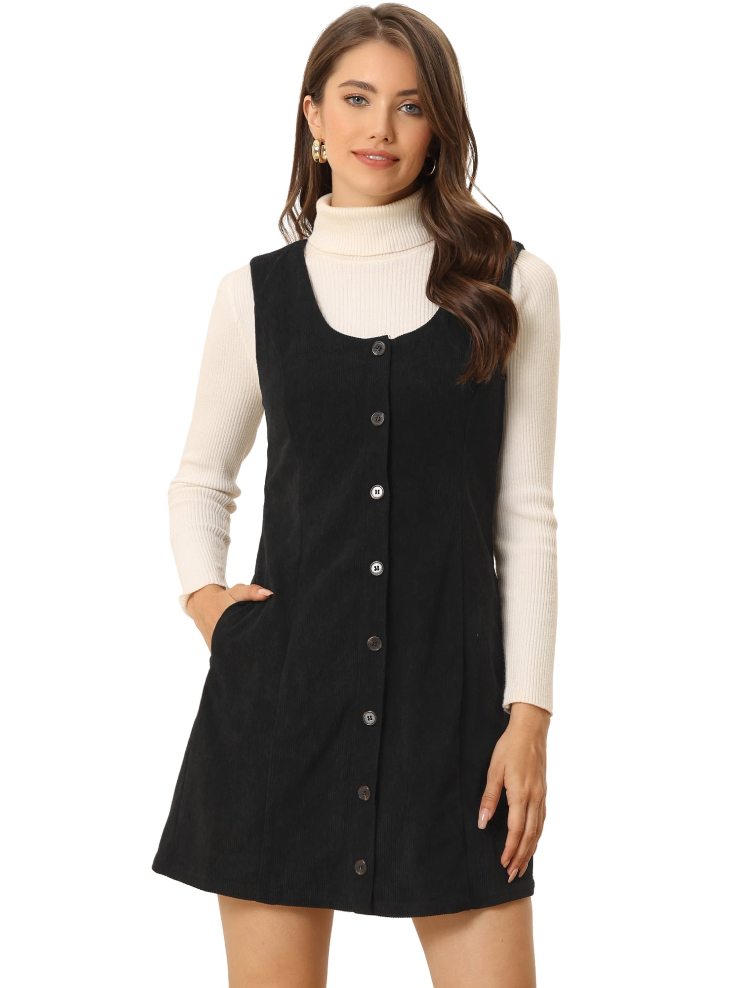 Unique Bargains Women s Corduroy Button Down Scoop Neck Pinafore Overall Dress M Black Walmart