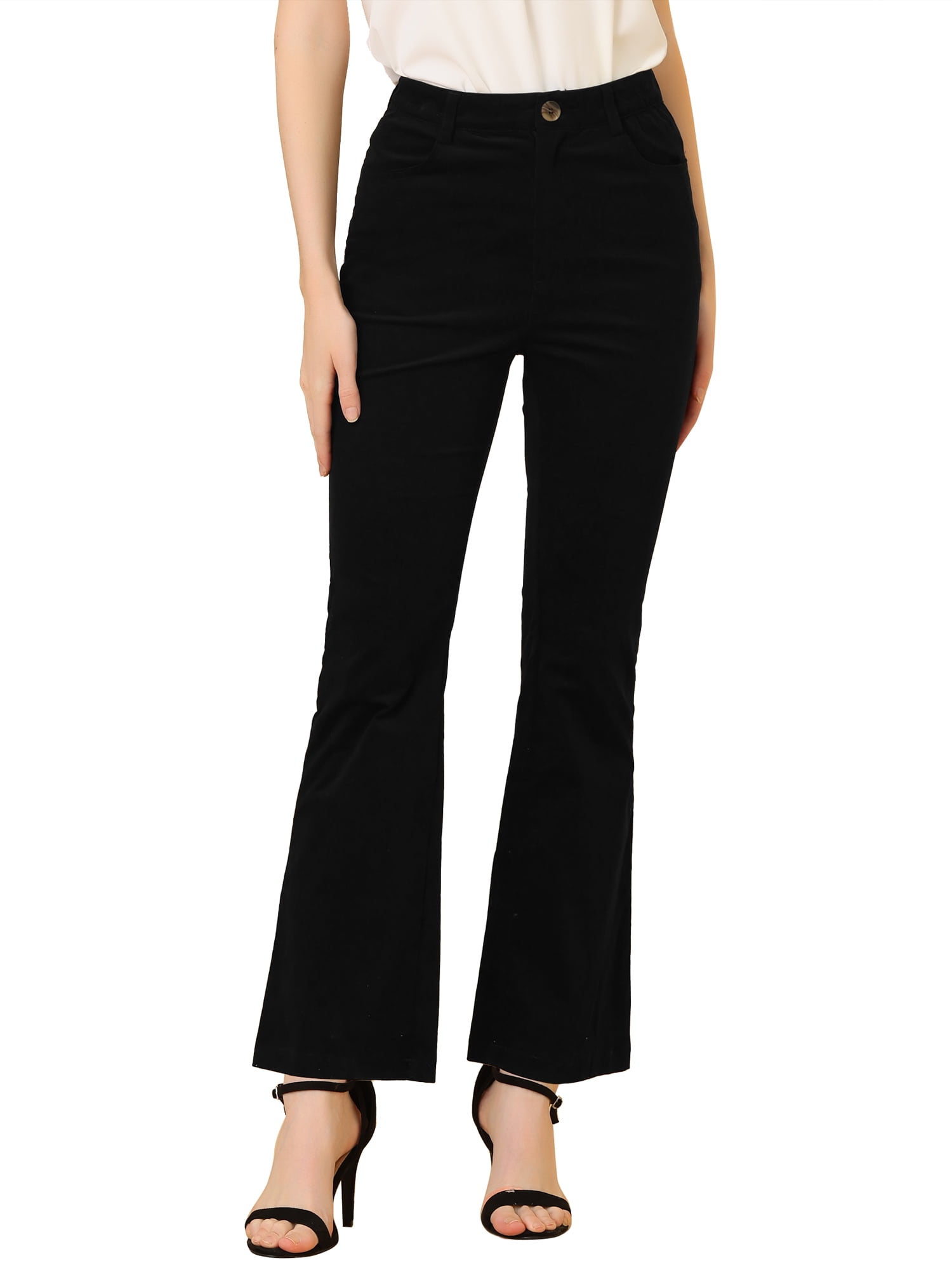 Unique Bargains Women's Corduroy Flare Pants Elastic High Waist Bell Bottom Trousers S Black