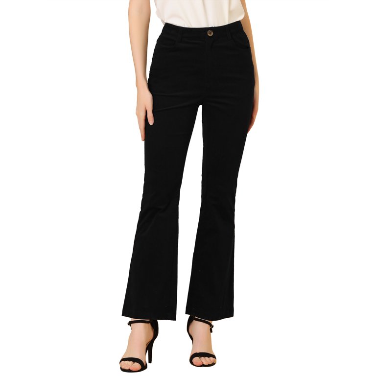 【WONDER WONDER】Back Banding Pintuck Corduroy L Wide PT Unique Bargains Corduroy Flare Pants - High Waist Black