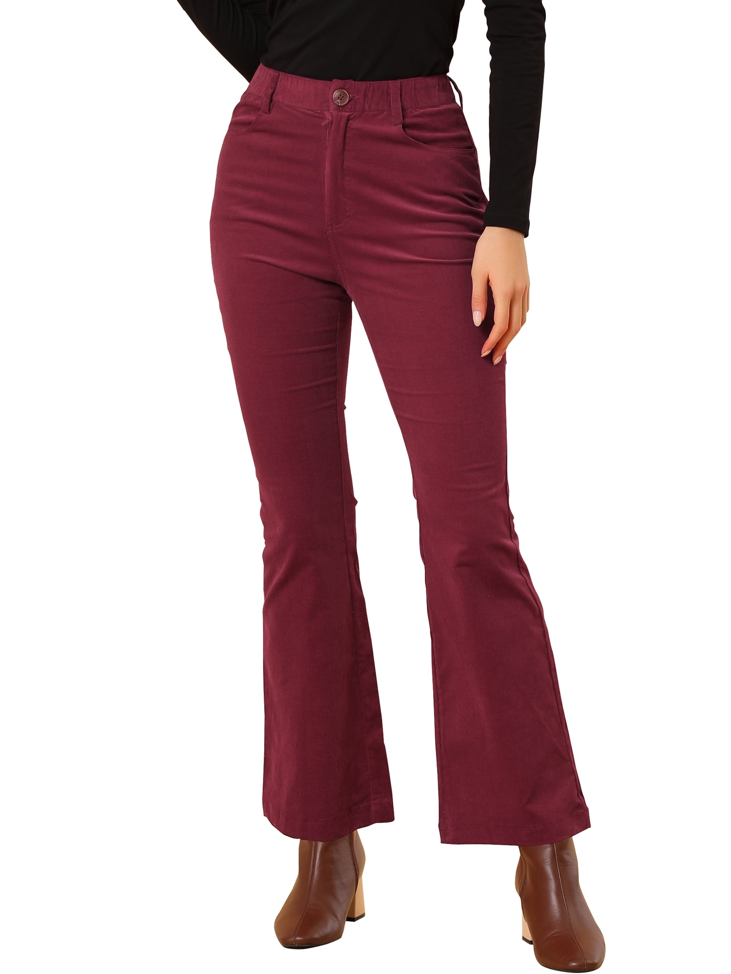 Unique Bargains Women's Corduroy Flare Pants Elastic High Waist Bell Bottom Trousers XS Burgundy