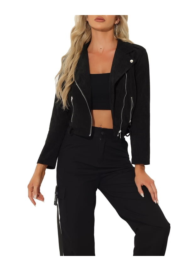 Women's Corduroy Notched Lapel Zip Up Motorcycle Jacket M Black