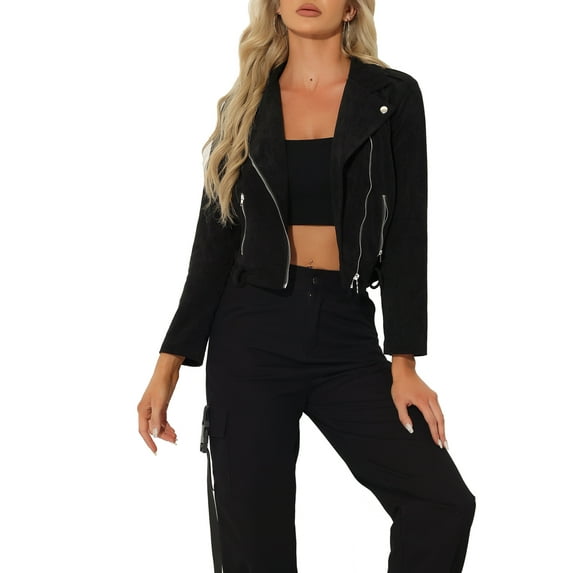 Unique Bargains Women's Corduroy Notched Lapel Zip Up Motorcycle Jacket XS Black