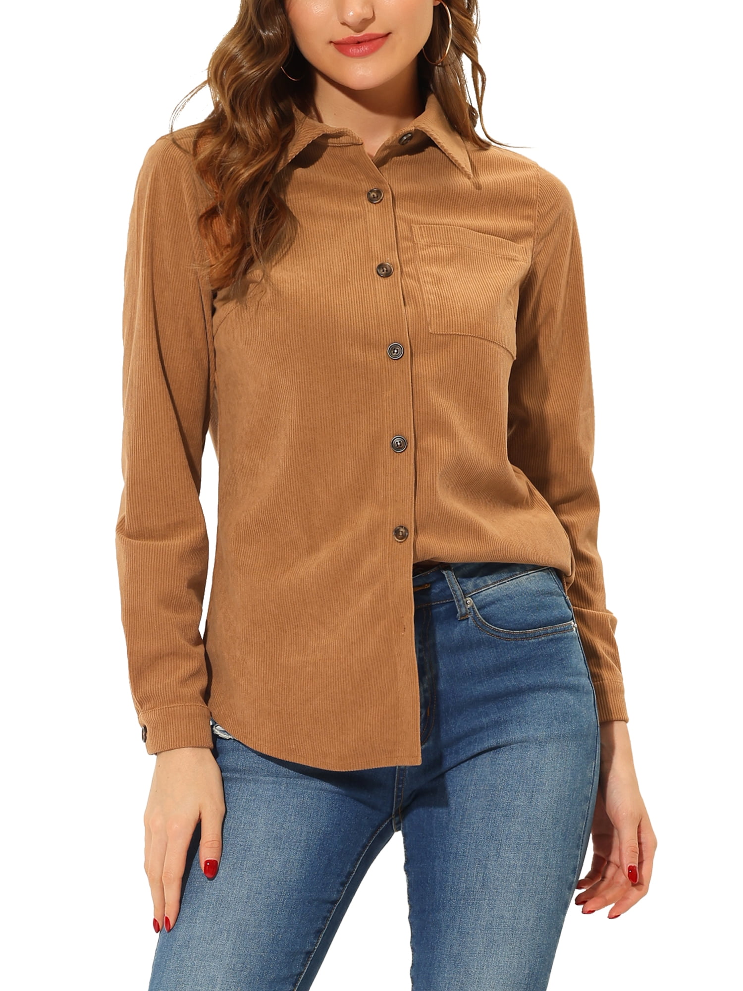 Unique Bargains Women's Corduroy Shirts Long Sleeve Button Down Blouse Top XS Brown